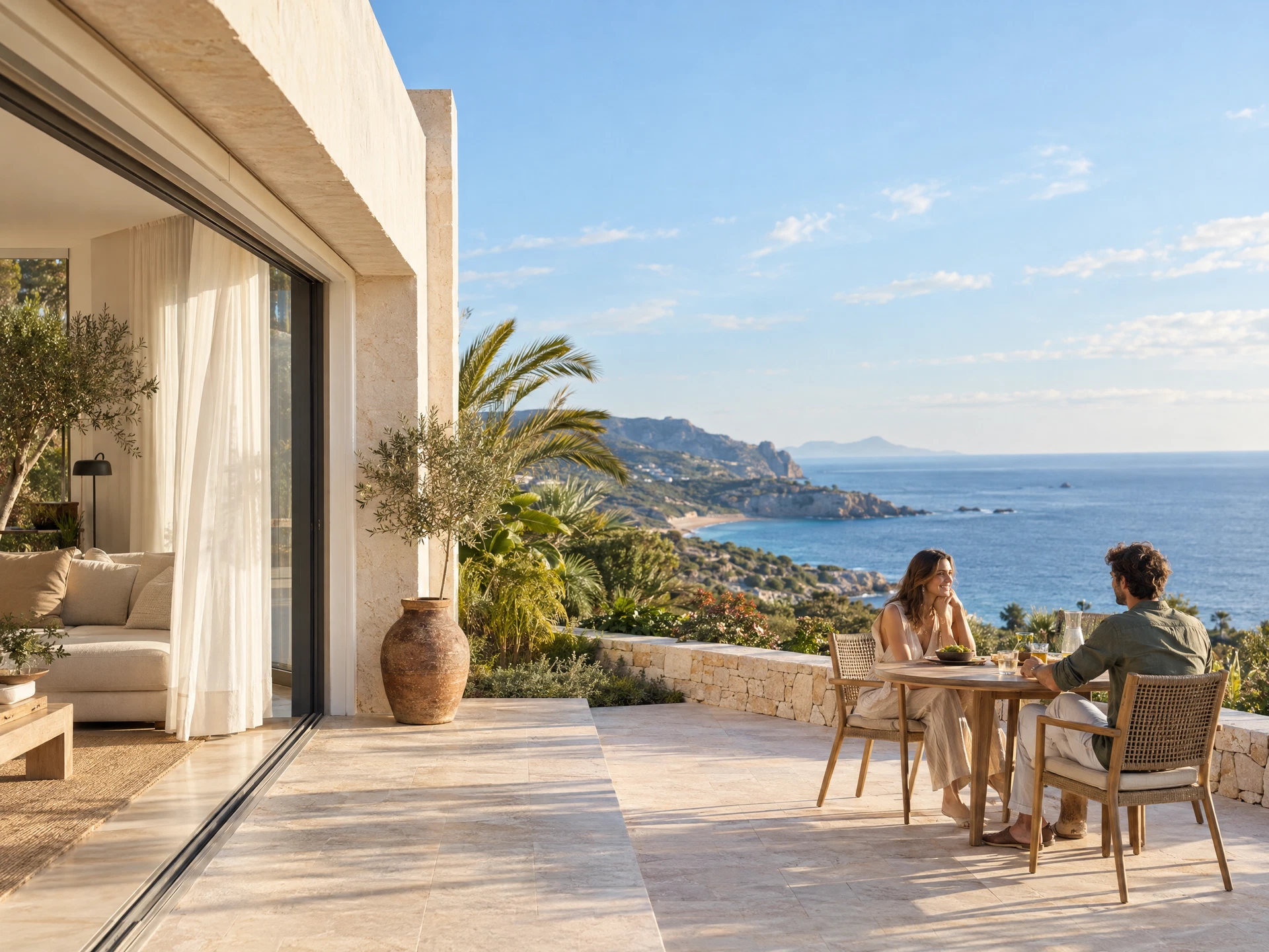 Una pareja disfruta de la terraza de una casa luminosa junto a la costa